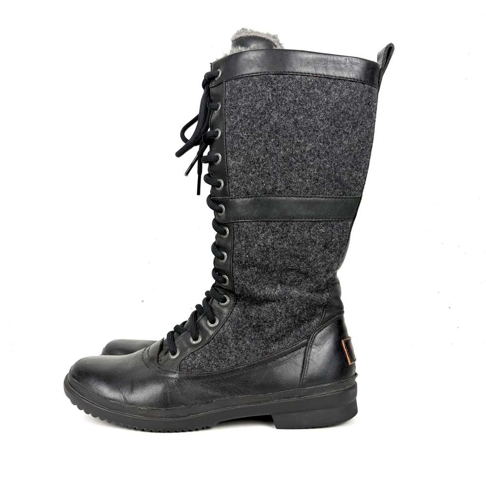 UGG Elvia Waterproof Leather & Wool Lace Up Tall Winter Boots Black Size 7